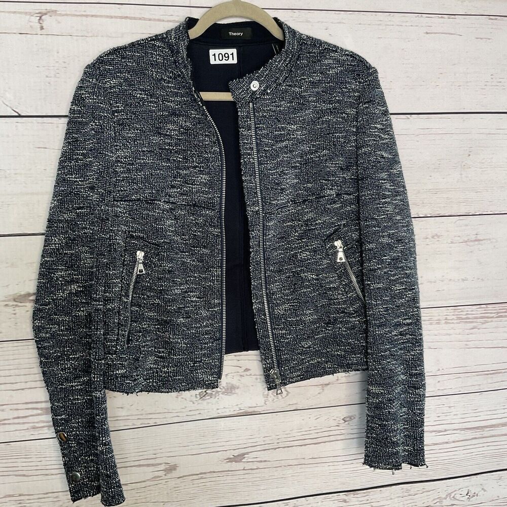 THEORY Jacket Womens Medium Moto Jacket Blue Tweed Raw Hem Neutral Minimalist - Picture 11 of 16